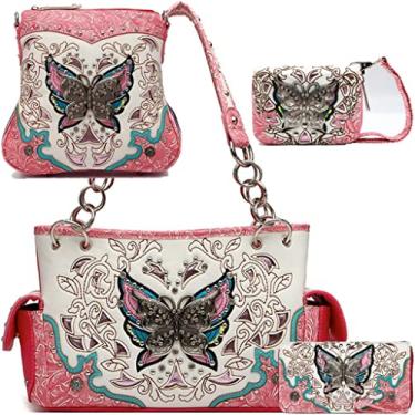 Imagem de Bolsa feminina estilo ocidental primavera borboleta flor bolsa country bolsa de ombro strass conjunto carteira, Conjunto de 4 peças, fúcsia, Large