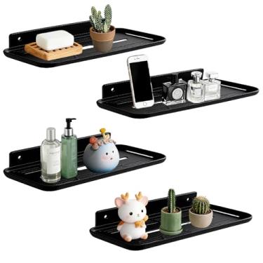 Imagem de FAYYGYH Prateleiras flutuantes adesivas sem perfuração, prateleira flutuante para armazenamento de parede, sem danos, organizador de parede para banheiro, cozinha, quarto e escritório (preto, 4 peças)
