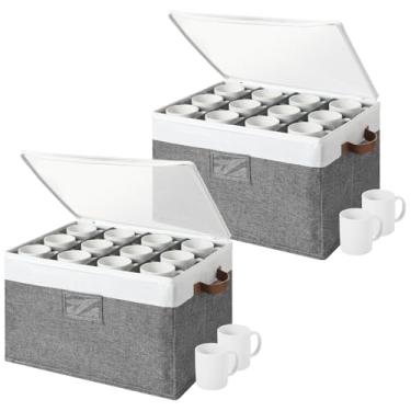Imagem de GlikCeil Pacote com 2 caixas de armazenamento de canecas de 2 camadas com divisórias, organizador acolchoado para copo de café com tampa e alças com zíper, organizadores de copos empilháveis para 24