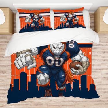 Imagem de Allenjoy Conjunto de edredom Denver American Football Orange Intensity com 2 fronhas para meninos, adolescentes, homens, fãs, quarto, berçário, decoração de quarto, lavável na máquina, tamanho casal