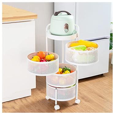 Imagem de Carrinho de carrinho de cozinha prateleira de armazenamento de metal redonda com cesta oca giratória prateleiras para banheiro, sala de estar, quarto, lavanderia (tamanho: 5 níveis, cor: branco
