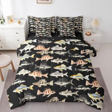 Imagem de Erosebridal Conjunto de edredom infantil de peixe lúcio, amarelo e preto, tamanho queen, 7 peças, cama de pesca e caça, rústico, casa de fazenda, retrô, vintage