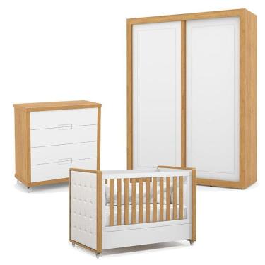 Imagem de Quarto De Bebe 2 Portas Tutto New Com Capitonê New Boucle E Gaveteiro Freijó Branco Acetinado - Matic