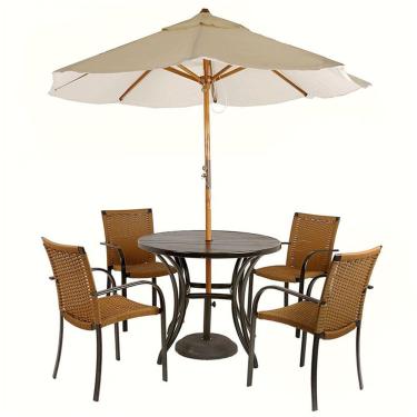 Imagem de Combo 4 Cadeiras Fibra Oliva Estonado e Mesa Tampo Preta e Ombrelone Bege