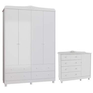 Imagem de Jogo De Quarto Infantil Elô Guarda Roupa E Cômoda Branco Brilho - Móveis Peroba