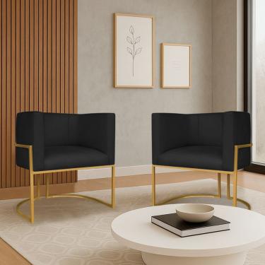 Imagem de Kit 2 Poltronas Dália Luxo Moderna Estofada Design Sofisticado Com Base De Ferro Dourado Suede Preto
