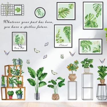 Imagem de Adesivo de parede criativo com plantas e molduras verdes para decoraçã