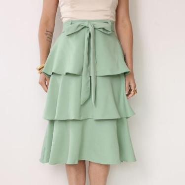 Imagem de Saia Feminina Três Maria Babado Midi Com Cinto Evangélica Cor:Verde-cl