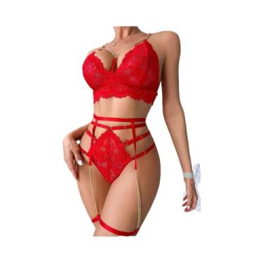 Imagem de Conjunto De Lingerie Sexy Vermelho Com Renda Transparente, Sutiã E Cal