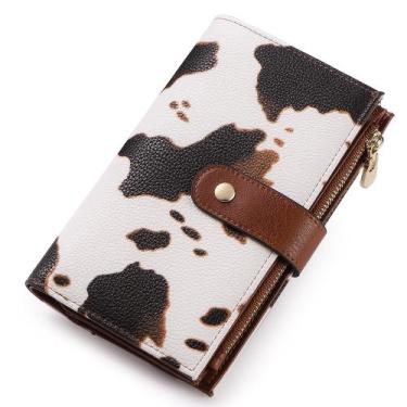 Imagem de Carteira de couro feminina com bloqueio de RFID com três dobras e supo