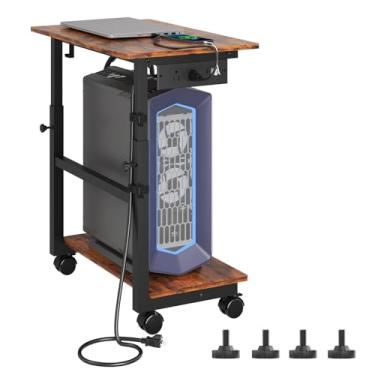 Imagem de HavenlyYouth Suporte de torre de computador de 2 níveis com tomada, suporte de torre de PC ajustável em altura com rodas, ATX-Case suporte de CPU com ganchos para casa, escritório, jogos (marrom)