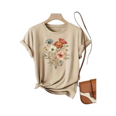 Imagem de Camiseta Casual Feminina Com Estampa Floral, Tecido Respirável Em Poli