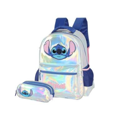 Imagem de Kit Mochila Stitch Costas Estojo Triplo Holográfico Escolar Cor:Prata,