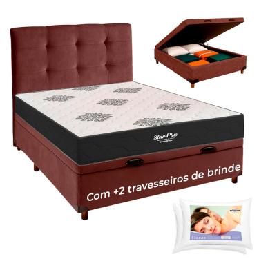 Imagem de Kit Cama Box Bau + Cabeceira + Colchão Casal Molas Ensacadas Star Plus + 2 Travesseiros Ortobom