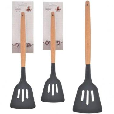Imagem de Espatula Vazada Silicone Grafite Cabo Madeira 32 Cm - Well - WELLMIX