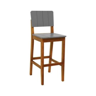 Imagem de Banqueta Alta Bistrô Linhas Madeira Maciça Encosto MDF Laqueado Cinza 