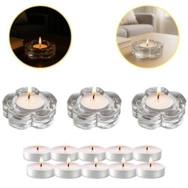 Imagem de Conjunto 3 Porta Velas Castiçal De Vidro Flor Com 10 Velas - Bw Boutiq