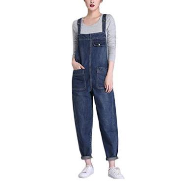 Imagem de Elonglin Macacão Feminino de Jeans Calças Folgadas com Bolsos Frontais Alças Ajustáveis Macacão Jeans Moderno para Mulheres M Azul