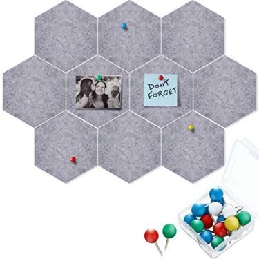 Imagem de 10 pacotes de placa de feltro hexagonal para quadro de avisos, quadro de avisos com 20 pinos de empurrar, decoração para parede de sala de aula de home office 5,9 x 7 polegadas/15 x 17,7 cm, Cinza
