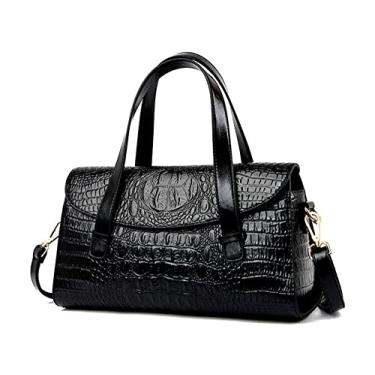 Imagem de Bolsa tiracolo feminina com alça superior de couro padrão de crocodilo para mulheres médio elegante bolsa transversal feminina, Preto