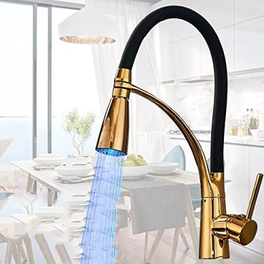 Imagem de Torneira de pia de cozinha led preto giratório pull down torneira de pia de cozinha montada deck de banheiro misturador de água quente e fria, ouro led estilo 2, china