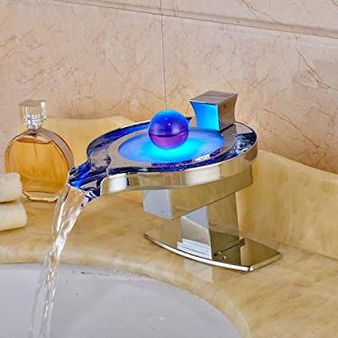 Imagem de Torneira para lavatório com acabamento cromado e latão para montagem em convés Torneira misturadora com bico de luz LED, A