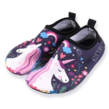 Imagem de Meias aquáticas infantis BFOEL de secagem rápida, leves, descalço, para meninas, meninos, esportes, praia, natação, surfe, ao ar livre, Blue Unicorn, 8 Toddler