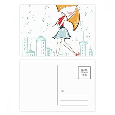 Imagem de Umbrella Rain Lady City Dress Conjunto de cartões postais de aniversário para enviar cartões de agradecimento