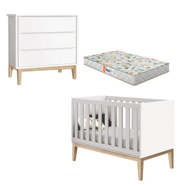 Imagem de Berço Americano e Cômoda Gaveteiro New Classic Branco com Pés Madeira Natural e Colchão Gazin - Reller 