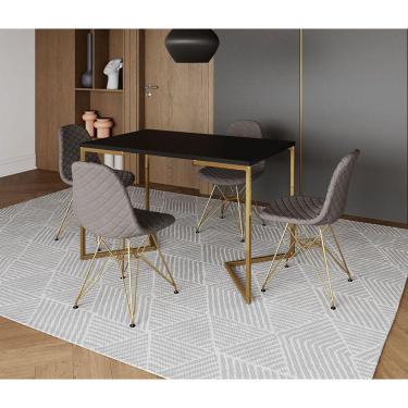 Imagem de Mesa Jantar Industrial Retangular Preta 120x75 Base V com 4 Cadeiras Estofadas Grafite Aço Dourado