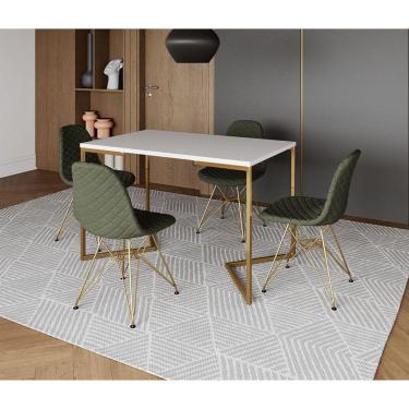 Imagem de Mesa Jantar Industrial Retangular Branca 120x75 Base V com 4 Cadeiras Estofadas Verde Aço Dourado