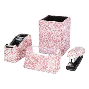 Imagem de Bling Crystal Luxury Handmade Diamond Square Pencil Pen Pot Holder & Grampeador e Suporte de Cartão e Dispensador de Fita de Mesa Kit de Papelaria de Escritório para Meninas da Moda Feminina (Rosa)