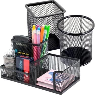 Imagem de Porta Caneta Organizador de Mesa Escritório 5 Compartimentos Metal Aramado Com Divisórias Para Clip Lápis Bloco de Notas Tesoura Borracha