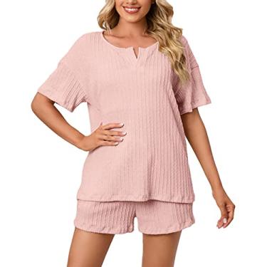 Imagem de Conjunto de Pijamas Femininos de 2 Peças, Cor Lisa, Decote Em V Macio, Conjunto de Pijamas Canelados para a Noite para Mulheres (S)