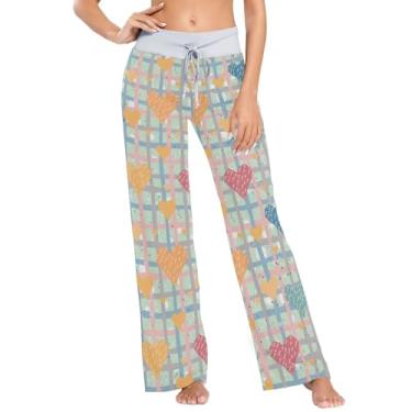 Imagem de KLL Lindo pijama feminino xadrez xadrez de búfalo com corações para mulheres calças de pijama femininas para outono, Corações fofos xadrez xadrez xadrez azul Escócia, G