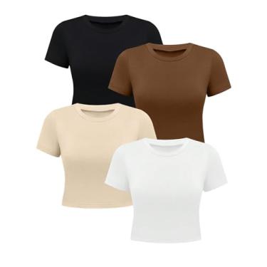 Imagem de SOLY HUX Camisetas femininas plus size básicas de verão manga curta gola redonda slim fit conjunto de 4 peças, Preto, marrom, bege, branco, 3G Plus Size