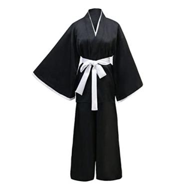 Imagem de Japanese Traditional Kimono Samurai Hakama Bushi Uniform Edo Period Costume Halloween Party Cosplay Fancy Dress (XL, 09-Black)