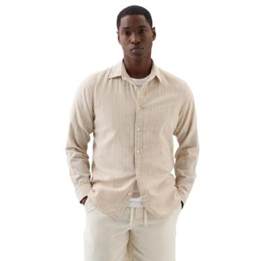 Imagem de GAP Camisa masculina de linho de manga comprida, ajuste padrão, Listras cáqui, XXG