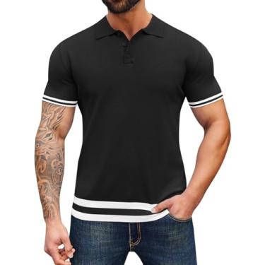 Imagem de Runcati Camisa polo masculina de malha manga curta gola V algodão botão pulôver casual camisas de golfe, Preto, G