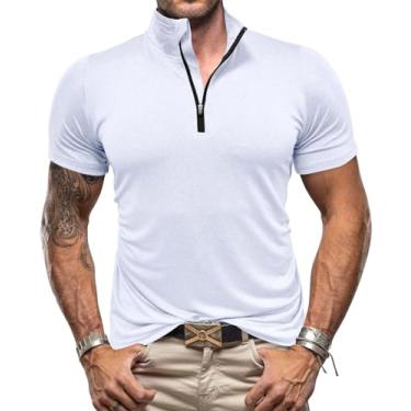 Imagem de Nuofengkudu Camisa polo masculina casual de manga curta com zíper e gola solóide, Branco, P