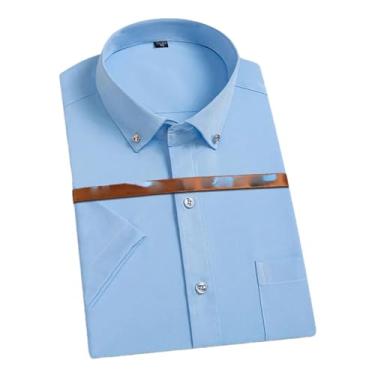 Imagem de Camisa masculina de verão elástica manga curta cor sólida não passar a ferro confortável camisa casual respirável, D2102 Azul claro, G