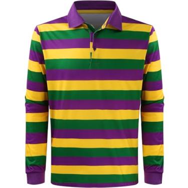 Imagem de LINOCOUTON Camisa polo masculina de manga comprida Mardi Gras Golf, Listras finas, G