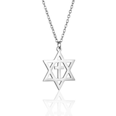 Imagem de VASSAGO Colar de estrela de Davi para homens e mulheres, pingente hexagonal de aço inoxidável com colar de cruz, joia judaica religiosa delicada, adjustable, Aço inoxidável, Sem Pedra Preciosa