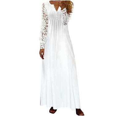 Imagem de Vestidos femininos de renda longa manga bufante vestidos florais para mulheres decote em V plissado maxi vestidos longos de verão 2024, P-282 Branco, 4G