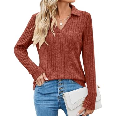 Imagem de Viracy Suéteres femininos leves de outono, manga comprida, gola V, blusas para negócios casuais com bolso no peito, caramelo, P