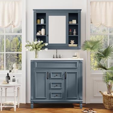 Imagem de GOWE Vaidade de banheiro de 91 cm com pia superior, armário espelhado azul royal, armário de armazenamento de banheiro moderno com 2 portas de fechamento macio e 2 gavetas, pia única para banheiro