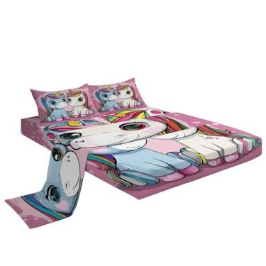 Imagem de Eojctoy Jogo de cama Queen com estampa de cavalo arco-íris de desenho animado de microfibra super macia, 4 peças, 1 lençol com elástico, 1 jogo de cama com 2 fronhas, 40,6 cm de profundidade para