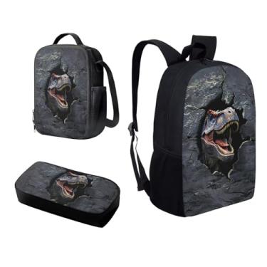 Imagem de Horeset Mochila para meninos, estampa de dinossauro, mochila escolar com lancheira, conjunto de estojos para crianças, meninas, 43 cm, mochilas com alças ajustáveis, conjunto de 3