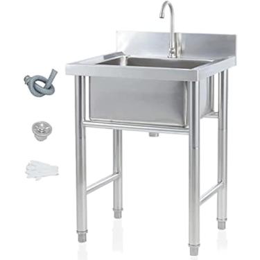 Imagem de Pia de aço inoxidável para preparação e utilitária, 1 compartimento para pia de cozinha comercial, pias utilitárias independentes com backsplash pés balas ajustáveis para restaurante, cozinha,