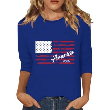Imagem de Camisetas femininas com bandeira americana de verão 4 de julho camisetas de manga 3/4 Land of the Free Tops Patriotic Memorial Day, Azul, XXG